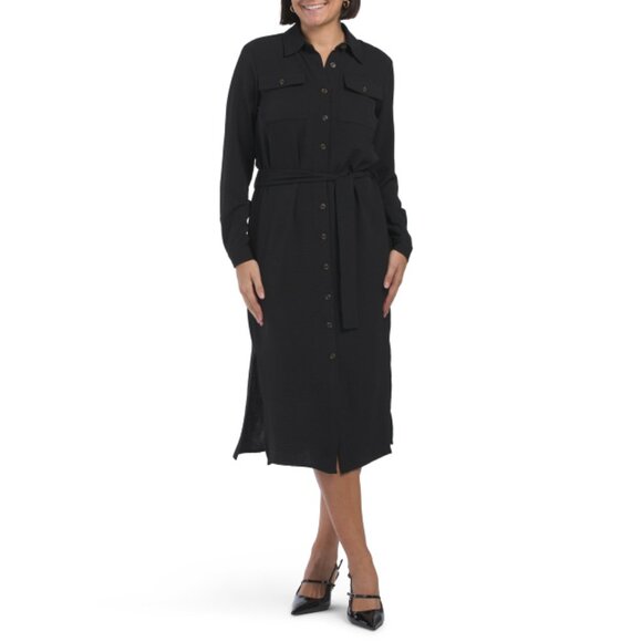 DKNY Black Long Sleeve Collared Button Down Midi Shirt Dress - Picture 1 of 2